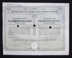 Budapest-Tiszai Helyi Érdekű Vasút elsőbbségi részvény 200 korona 1908