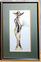 Kalapos nő legyezővel (keretezett festmény) azonosítatlan jelzéssel