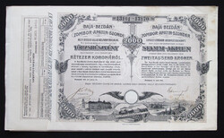 Baja-Bezdán-Zombor-Apatin-Szondi Helyi Érdekű Vasút törzsrészvény 10x200 korona 1912
