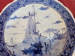Nagy méretű antik Delft falitányér,,Vitorlással,,31 cm,,Hibátlan!
