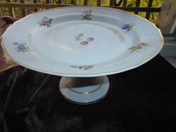 Hollóházi gyümölcs és virág ritka mintás porcelán talpas  fonott szegéllyel tortás tál