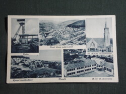 Képeslap,Komló,Bánya akna torony,Áll. iskola,Borbála templom,Nemesi József festő kiadás,1935- ,kék,