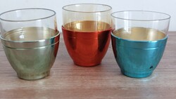 Retro, mid century  3 db üveg kupica szines fém tartóval