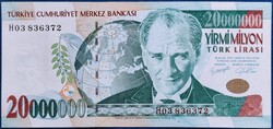 Ritka! Törökország 20.000.000 Lirasi / Líra 2001, Hajtatlan, de az egyik saroknál kis berepedés van.