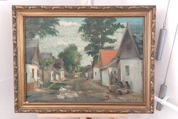 (K)  Ifj. Bódi K. falusi életkép festmény 78x60 cm kerettel