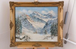(K)  Petheő A. László (?)  szép téli tájkép festmény 72x61 cm kerettel