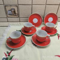 Hollóházi porcelán, piros színű, aranyszélű kávéskészlet pótlásra  eladó! 4 db csésze+6 db alj