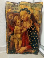 Vastag fára készült reneszánsz stílusú Madonna és gyermek Jézus kép, "Madonna col Bambino"felirattal