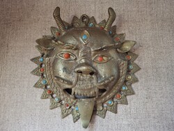 Tibeti buddhista Mahakala maszk, réz falidísz, 20 cm