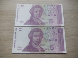 5 Dinár 1991 Horvátország 2 db Sorszámkövető