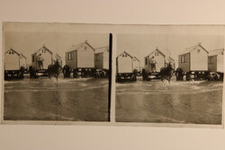 Antik sztereó fotó üvegpozitív Belgium Ostende fürdőkocsik 1905