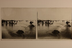 Antik sztereó fotó üvegpozitív Belgium Ostende fürdőzők 1905