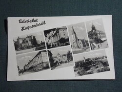 Képeslap,Kaposvár,mozaik,gimnázium,Kossuth tér,szobor,színház,templom látkép,részlet,1955-