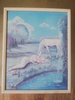 Varázslatos retro unikornis fantasy falikép – Keretezett dekoráció kislányszobába (25 x 20,5 cm)