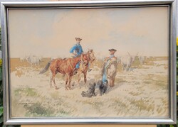 Wallburg Egon /Zorád Ernő/ (1911 - 2004) - Két Gulyás Találkozása Akvarell Kép!!!