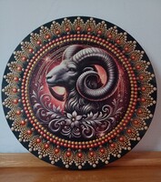 ÚJ! Kos horoszkópos (03.21-04.20.) Mandala feszített vászon kép (2), kézzel festett, 30cm