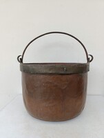 Réz üst antik bogrács konyhai vörösréz nagy nehéz üst edény sárgaréz peremmel vas füllel 431 1782