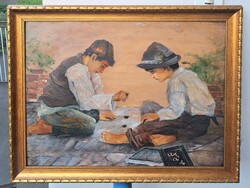 Játszadozó gyerekek (olajfestmény) Bor Pál jelzéssel - szép keretben