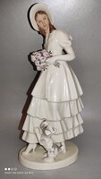 Pirkenhammer porcelán szobor extrém ritka nő kutyával és csokorral
