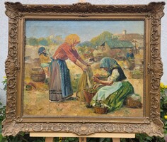 Tölgyes - Piac Olaj-Vászon Festmény Antik kagyló Motívumos Blondel keretben!