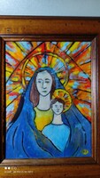 Jelzett tűzzománckép Madonna a kisdeddel fa keretben zománc kép