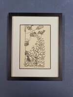 Tibor Kaján caricature of Bartók, lithograph. Image size 14.5x10, framed 22x18 cm.