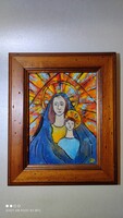 Jelzett tűzománckép Madonna a kisdeddel fa keretben