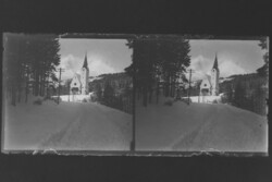 Régi sztereó üvegnegatív Tátralomnic evangélikus templom az  1900-as évek elején