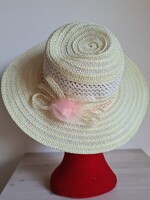 Gyönyörű ekrü vintage raffia/szalma nyárikalap rózsaszín virágos a nagyi gardróbjából