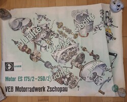 MZ-175-250 motorról, váltóról, porlasztóról robbantott műszaki rajz,1970-es évekből.Mérete:59 x 82cm