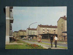 Képeslap,Oroszlány,Új városrész,üzletsor,MÁVAUT buszmegálló látkép,részlet, 1965-