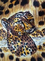LEOPÁRD--VINTAGE KÉZZEL SZEGETT SELYEMKENDŐ!73x73cm