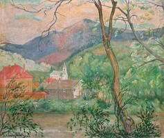 Udvary Dezső tájkép, 1944 - Hegyi falu látképe templommal - szolnoki művésztelep