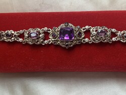 Antik osztrák-magyar aranyozott ezüst karkötő ametiszt kövekkel