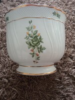 Hibátlan hollóházi porcelán Erika kaspó aranyozott szegéllyel zöld virágmintával