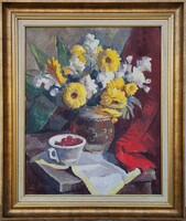 Gábor Jenő (1893 - 1968) Csendélet c. Képcsarnokos Festménye Eredeti Garanciával!