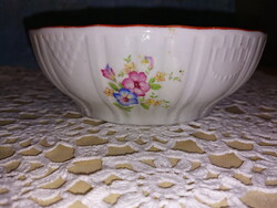Zsolnay szép virágos porcelán, narancs lüszteres szélű pogácsástál tál, pörköltes, levesestál