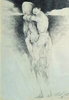Porkoláb Zoltán: Ölelés (ceruzarajz keretben) 1989-es grafika, 1980-as évek