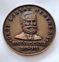 1992. "Gróf Lónyay Menyhért pénzügyminiszter bronz emlék plakett  6,7 cm díszdobozban