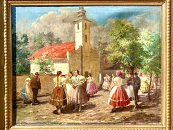 GYERTYÁNYI NÉMETH GYULA NAGYMÉRETÜ VIDÁM SZÍNES ÉLETKÉP 60x80cm