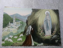 Vallásos képeslap, Lourdes, Bazilika, bárányok, juhok, jelenés, 1949-ből