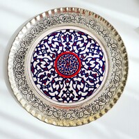 900-as ezüsttel bevont török falitányér porcelán betéttel