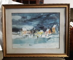 ALBERT SAVERYS (1886-1964) HÍRES BELGA FESTŐ - KORCSOLYÁZÓK A TAVON, TÉLI TÁJ, AKVARELL - ALKUDHATÓ!