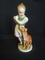 Herendi lányka kutyával, porcelán figura szép festéssel, jelzett, hibátlan, 22 cm
