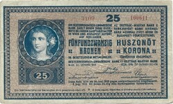 25 korona kronen 1918 hullámos hátlap sorozatszám 3101-3142 közötti 13 x 3,5 mm 2.