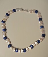 Lencse formájú édesvízi nyaklánc Lápisz Lazuli ásvánnyal, ezüst kapoccsal