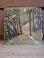 Régi festmény, falapon, 30x30 cm, olaj, korabeli keretező vignettával