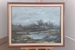 (K) Hajós Hollanda képcsarnokos festmény tanyarészlet  91x71 cm kerettel