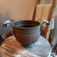 Pazar antik porcelánfüles réz kaspó (25,5x14,5 cm)
