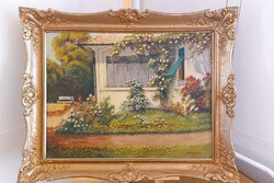 (K) Szép ház, udvar részlet festmény 94x77 cm kerettel